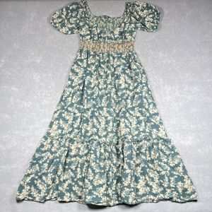 Free People Ellie Printed Maxi Dress Medium Soft Green Smocked Puff Sleeves Boho